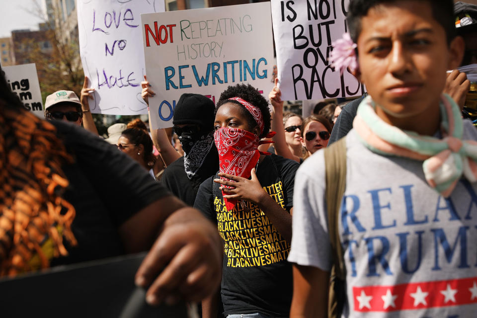 Protesters march in Boston against a planned “Free Speech Rally” a week after the violent “Unite the Right” rally in Virginia left one dead and dozens injured. (Photo: Spencer Platt/Getty Images)