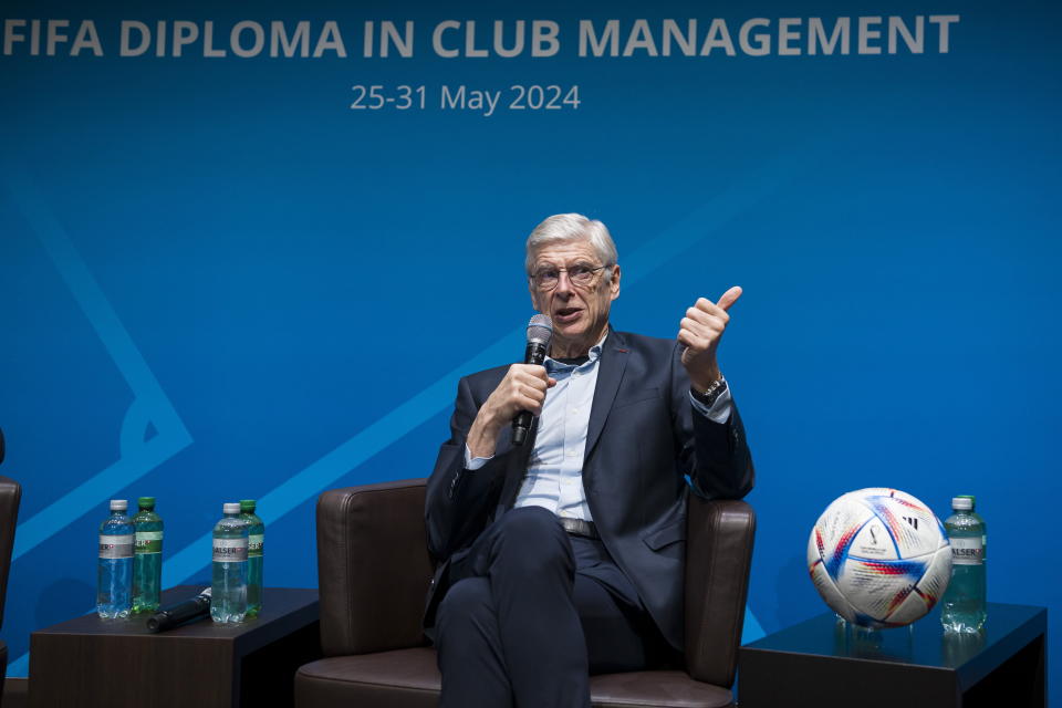 FIFA Chief of Global Football Development Arsène Wenger during the FIFA Diploma in Club Management 2024 at the Home of FIFA on May 27, 2024 in Zurich, Switzerland. World Cup and Champions League winners have been learning about the soccer industry this week at FIFA alongside club founders and front office leaders. All were teammates in the classroom this week at the soccer body’s headquarters in Zurich to study all fields of the industry for the FIFA Diploma in Club Management. (Marcio Machado/FIFA via AP)