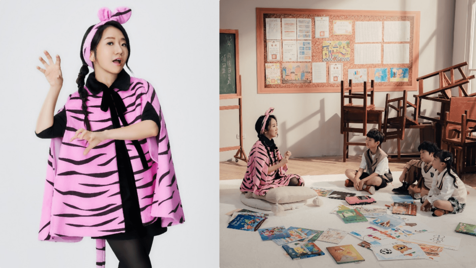 陶晶瑩在兒童節目《虎姑婆和他的朋友》扮成粉紅虎姑婆，與孩子們透過音樂打成一片。（MyVideo提供）