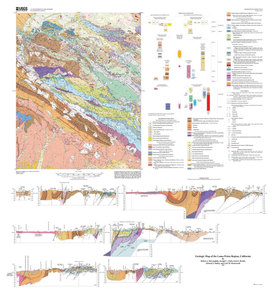 Une carte géologique à 1/50 000 de Loma Prieta en Californie, autour de la faille de San Andreas, un document semblable à ceux apparaissant dans « Dangereusement vôtre » (1985) et établi grâce aux relevés des géologues. <a href="https://ngmdb.usgs.gov/Prodesc/proddesc_68889.htm" rel="nofollow noopener" target="_blank" data-ylk="slk:USGS ; McLaughlin et coll., 2004;elm:context_link;itc:0;sec:content-canvas" class="link ">USGS ; McLaughlin et coll., 2004</a>, Fourni par l'auteur