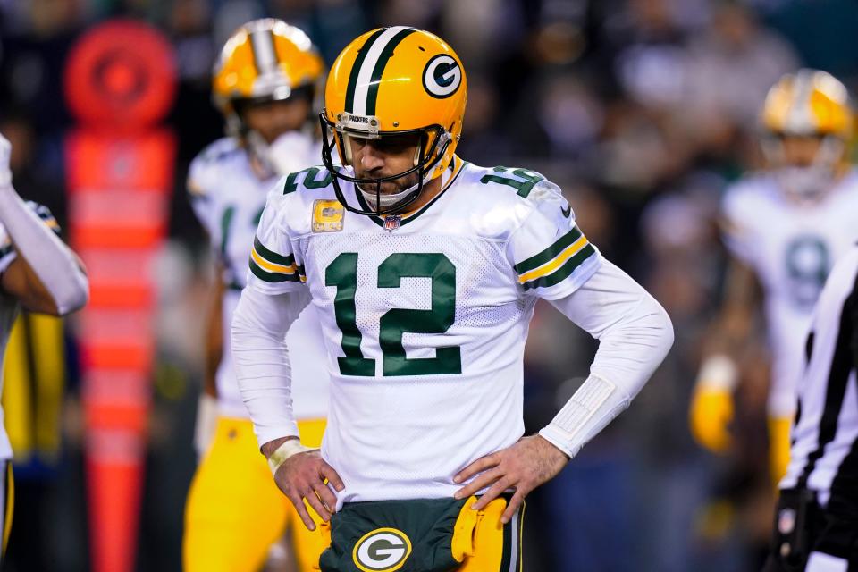 Green Bay Packers quarterback Aaron Rodgers reacts during the second half against the Philadelphia Eagles.