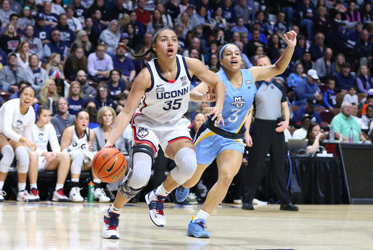 UConn guard Azzi Fudd is a difference-maker for the Huskies, and a big reason why they could contend for a Final Four berth. (M. Anthony Nesmith/Icon Sportswire via Getty Images)