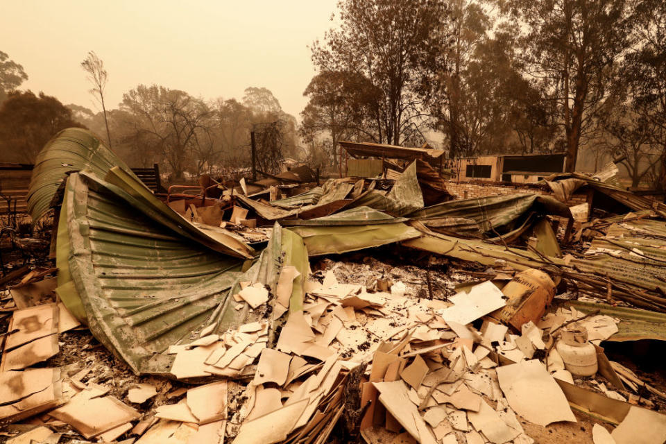 A destroyed property in the coastal town of Mallacoota which has been evacuated as the fire danger worsens. Source: Getty