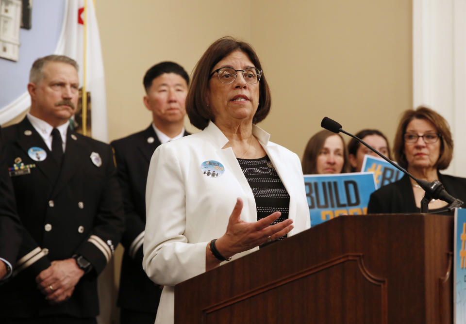 FILE - Assemblywoman Cecilia Aguiar-Curry, D-Winters, speaks during a news conference in Sacramento, Calif., on March 27, 2019. California lawmakers voted Thursday, April 20, 2023, to advance legislation combating retaliatory lawsuits against sexual assault survivors, years after a former state lawmaker sued a woman over her sexual misconduct allegations against him. Aguiar-Curry authored the bill. (AP Photo/Rich Pedroncelli, File)