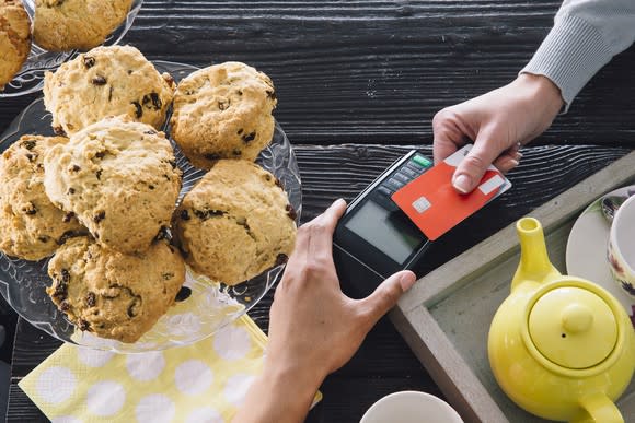 Customer making credit card payment by tapping card on card reader across a table set with muffins and tea.