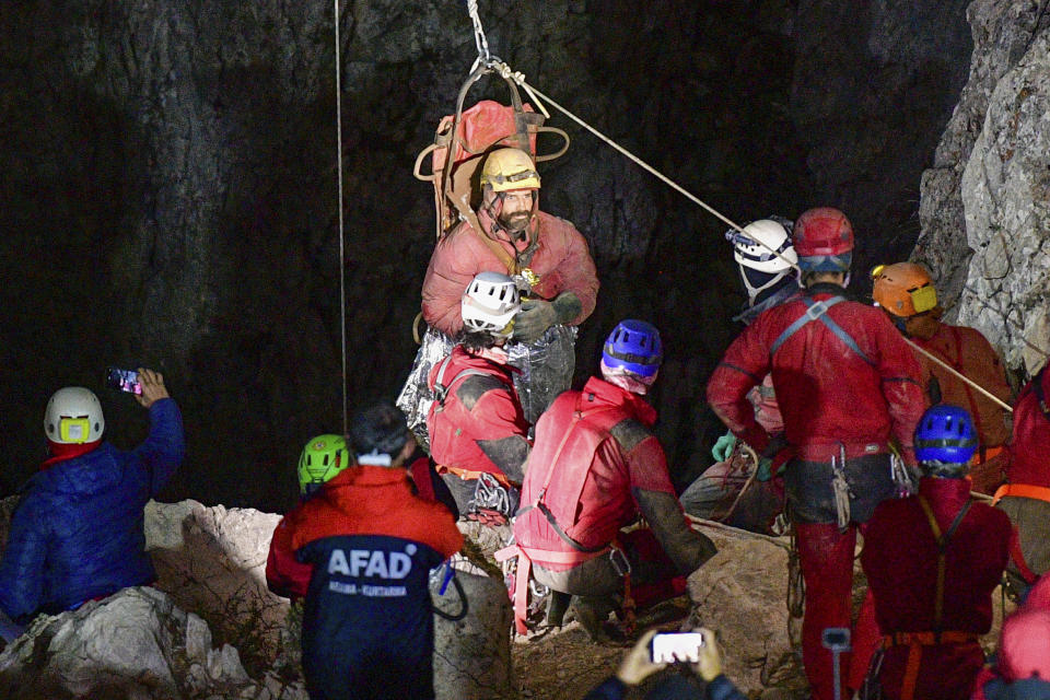 Rescuers pulled an American researcher Mark Dickey out of Morca cave near Anamur, south Turkey, on early Tuesday, Sept. 12, 2023. Teams from across Europe had rushed to Morca cave in southern Turkey's Taurus Mountains to aid Dickey, a 40-year-old experienced caver who became seriously ill on Sept. 2 with stomach bleeding. (Mert Gokhan Koc/Dia Images via AP)