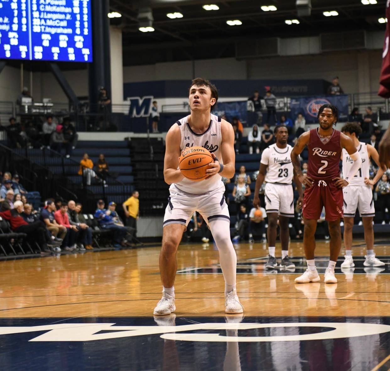 Monmouth's Jack Collins shoots a free throw against Rider at OceanFirst Bank Center in West Long Branch on Dec. 16, 2023.