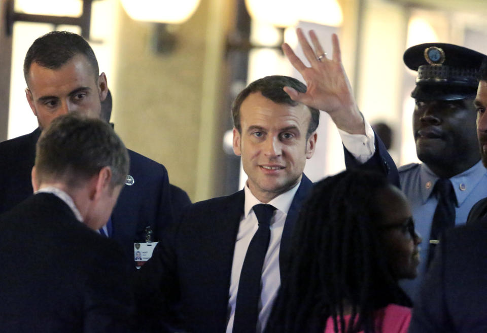 France's President Emmanuel Macron gestures at the United Nations Environment Assembly in Nairobi, Kenya Thursday, March 14, 2019. Macron said at the conference Thursday that energy resources like coal that fueled industrialization in the developed world are no longer viable because they create pollution. (AP Photo/Khalil Senosi)