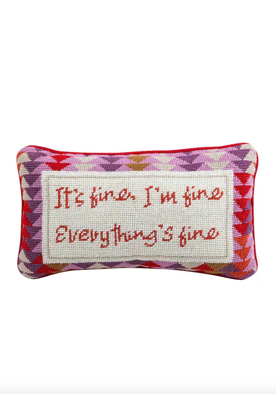 <p><a href="https://go.redirectingat.com?id=74968X1596630&url=https%3A%2F%2Fwww.revolve.com%2Ffurbish-studio-everythings-fine-needlepoint-pillow%2Fdp%2FFSTU-WA46%2F&sref=https%3A%2F%2Fwww.cosmopolitan.com%2Fstyle-beauty%2Ffashion%2Fg37146715%2Fgoing-away-gifts%2F" rel="nofollow noopener" target="_blank" data-ylk="slk:Shop Now;elm:context_link;itc:0;sec:content-canvas" class="link ">Shop Now</a></p><p>Everything's Fine Needlepoint Pillow</p><p>$106.00</p>