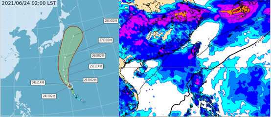 今(24日)晨2時「路徑潛勢預測圖」顯示，「薔琵」強度略增強，逐漸向北迴轉（左）。最新(23日20時)歐洲(ECMWF)模式，模擬27日20時地面氣壓及雨量圖顯示，「梅雨鋒」北移至華中，台灣受「西南季風」影響，迎風面中南部有明顯降雨（右）。（圖／翻攝自「三立準氣象· 老大洩天機」專欄）