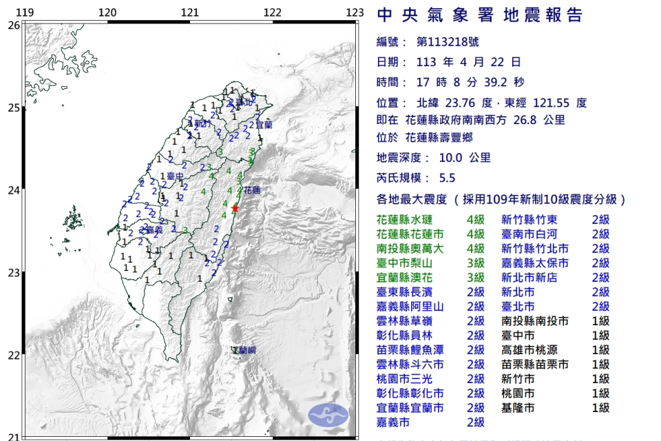 花蓮10分鐘連5震 芮氏規模5.5以至全臺有感
