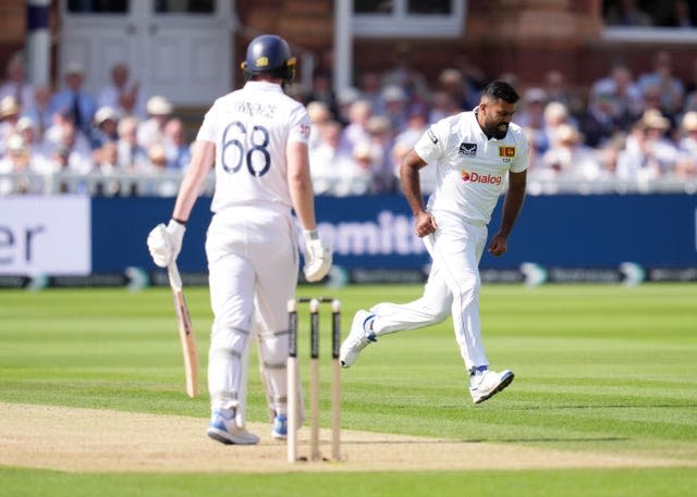 Lahiru Kumara celebrates taking the wicket of England’s Dan Lawrence