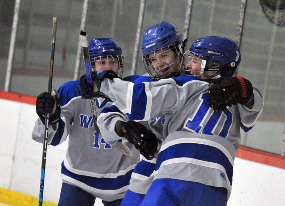 Braintree players, from left, Brooke Hubbard, Nora Shea and Kathryn Freeman celebrate a goal against Wellesley during high school girls hockey at the Zapustas Arena in Randolph, Wednesday, Jan. 31, 2024.