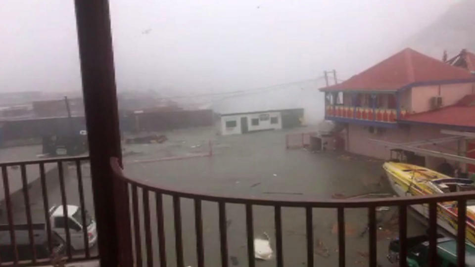 <p>Image taken from a video posted on Facebook by Stefany Santacruz showing the view from her balcony as Hurricane Irma hits the Island of St. Maarteen on Sept. 6, 2017 in Filipsburg. (Photo: Stefany Santacruz/AFP/Getty Images) </p>