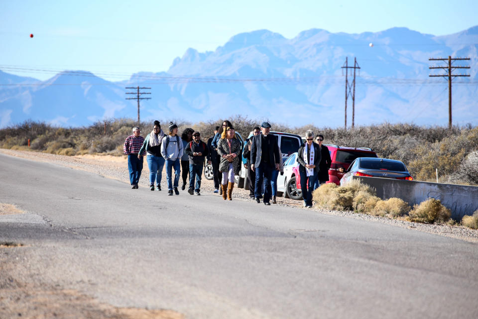 Demonstrators gather outside the ICE Otero County Processing Center in Chaparral, New Mexico, in protest of prisoner treatment in Chaparral on Thursday, Jan. 23, 2020.