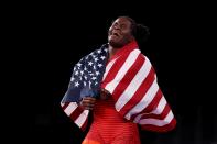 <p>Tamyra Mensah-Stock of Team USA defeats Blessing Oborududu of Team Nigeria to win wrestling gold following the Women's Freestyle 68kg Gold Medal Match at Makuhari Messe Hall on August 3.</p>