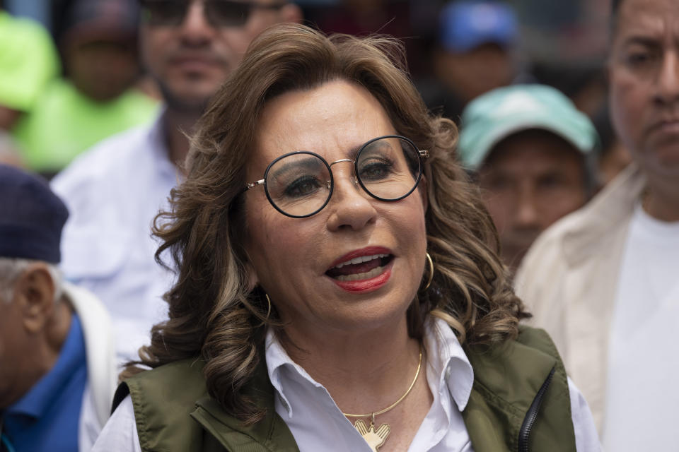 Sandra Torres, presidential candidate of the National Unity of Hope party, UNE, attends a campaign rally in Amatitlan, Guatemala, Sunday, May 14, 2023. Torres announced her platform to cheering supporters at a hotel in May, saying she’d implement the strategies of El Salvador´s President Nayib Bukele “to end the scourge of homicides, murders and extortions in our country.” (AP Photo/Moises Castillo)