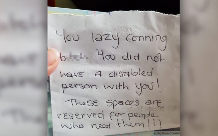 Ms Doherty returned to her car to find this cruel note. Source: Facebook / Emma Doherty