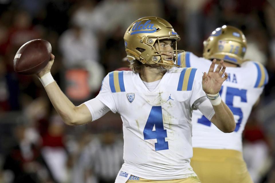 UCLA quarterback Ethan Garbers throws the ball.