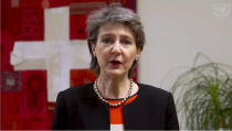 In this image made from UNTV video, Simonetta Sommaruga, President of the Swiss Confederation, speaks in a pre-recorded message which was played during the U.N. General Assembly's special session to discuss the response to COVID-19 and the best path to recovery from the pandemic, Thursday, Dec. 3,2020, at UN headquarters, in New York. (UNTV via AP)