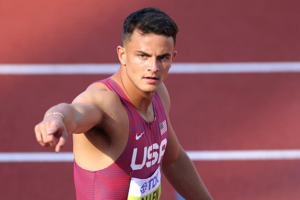 Seen here, USA's Devon Allen reacts after competing in the men's 110m hurdles semi-finals at the World Athletics Championships in Oregon. 