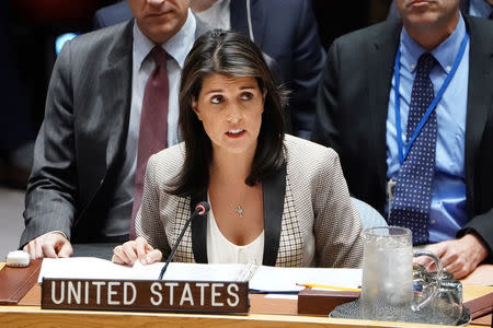 United States Ambassador to the United Nations Nikki Haley speaks during a meeting of the United Nations Security Council about the situation in Crimea at U.N. Headquarters in the Manhattan borough of New York City, New York, U.S., November 26, 2018. REUTERS/Carlo Allegri/Files