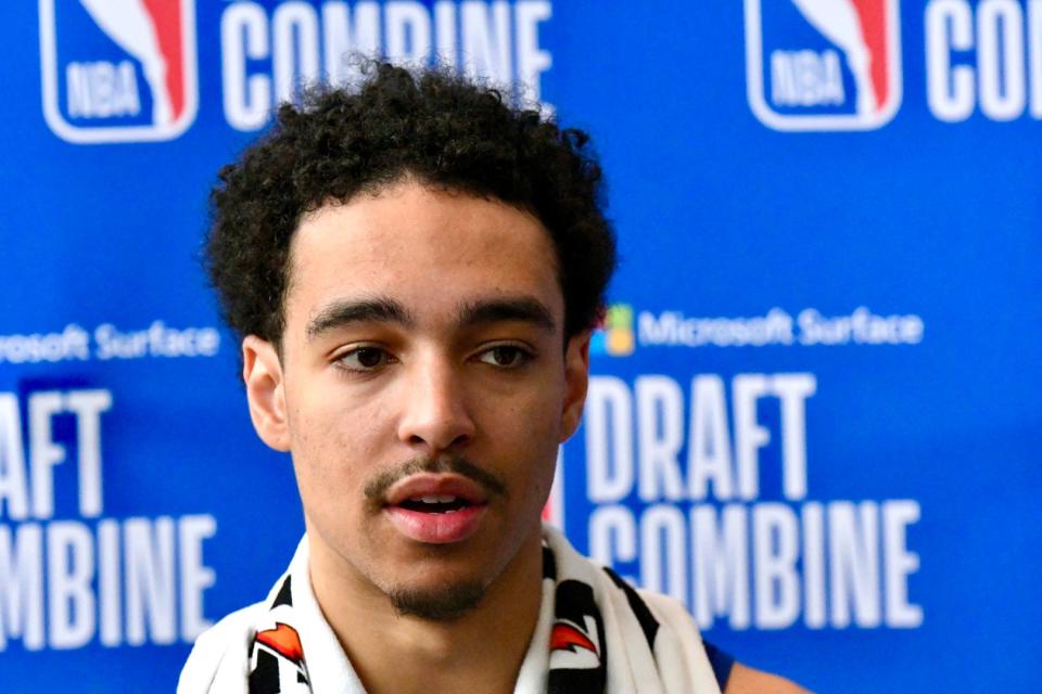 Gonzaga star Andrew Nembhard speaks to the media at the NBA Draft Combine at Wintrust Arena in Chicago on May 20, 2022.