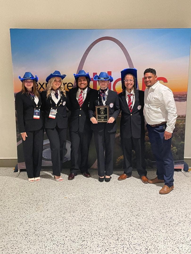 Etowah High School Jobs for America's Graduates students attended the organization's National Career Development Conference April 17-20 in St. Louis. From left are Peyton Gulledge, Presley Gulledge, Drayton Gross, Sadie Brannon, Jathan Miliner and Darione Adkison, the school's JAG specialist.