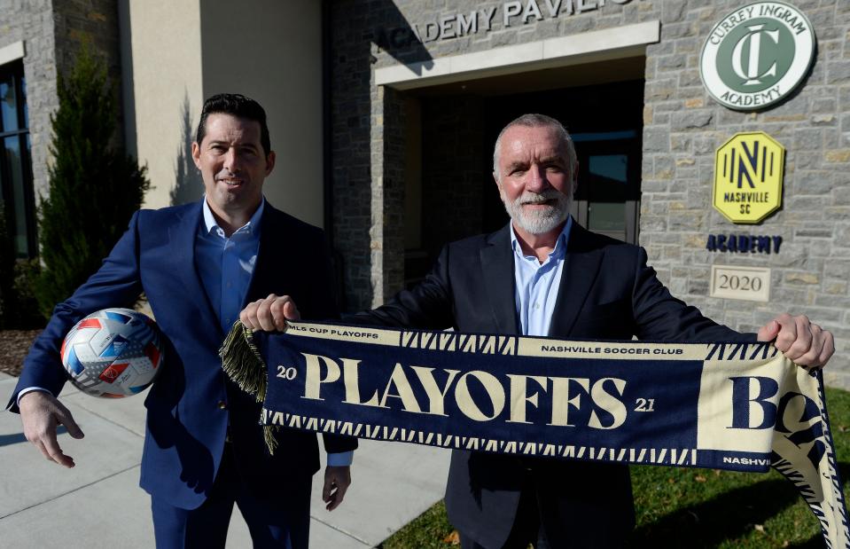 Nashville SC CEO Ian Ayre, left, and general manager Mike Jacobs at the Currey Ingram Academy practice facility on Friday, November 19, 2021 in Brentwood, Tenn. Ayre, Jacobs and head coach Gary Smith became one of five clubs in MLS history to prove itself as a playoff contender. 