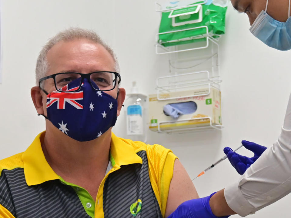 Australia's Prime Minister Scott Morrison receives a dose of the Pfizer/BioNTech Covid-19 vaccine in February. Source: Getty