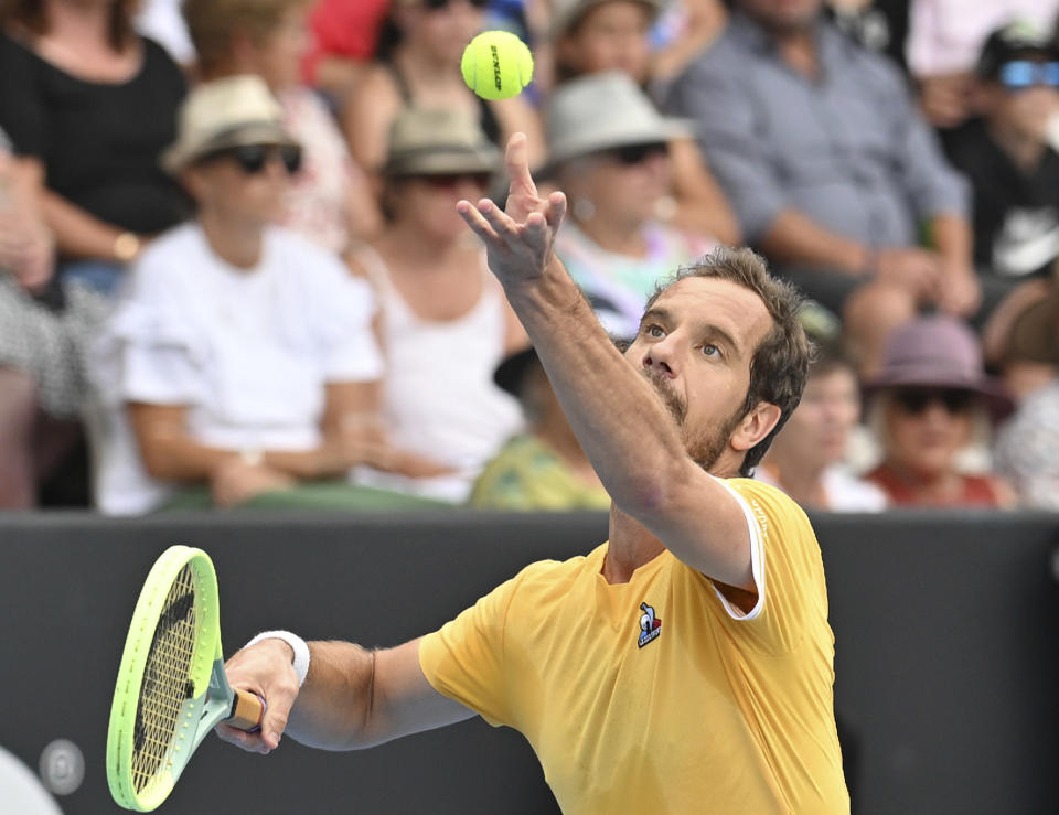 Richard Gasquet of France serves to Cameron Norrie of Britain in the mens singles final of the ASB Classic tennis event in Auckland, New Zealand, Saturday, Jan. 14, 2023. (Andrew Cornaga/Photoport via AP)