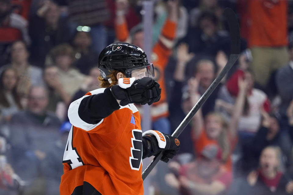 Philadelphia Flyers' Owen Tippett reacts after scoring a goal during the second period of an NHL hockey game against the Toronto Maple Leafs, Thursday, March 14, 2024, in Philadelphia. (AP Photo/Matt Slocum)