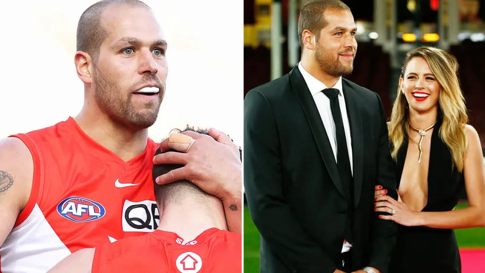 Pictured right, Lance 'Buddy' Franklin poses for a photo with his wife Jesinta.