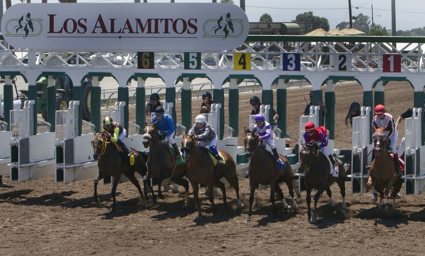 Thoroughbred horses bolt from the starting gate in the first race at Los Alamitos Race Course on Thursday.