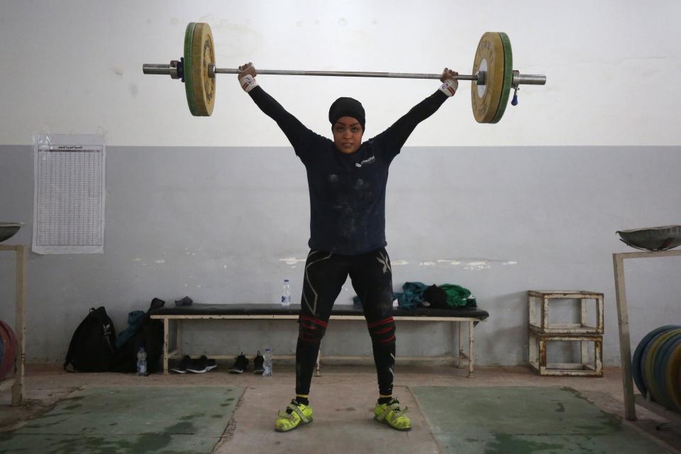 Huda Salem, a 20-year-old member of the Iraqi national weightlifting team, trains at a gym in Baghdad on&nbsp;Feb. 22, 2018.