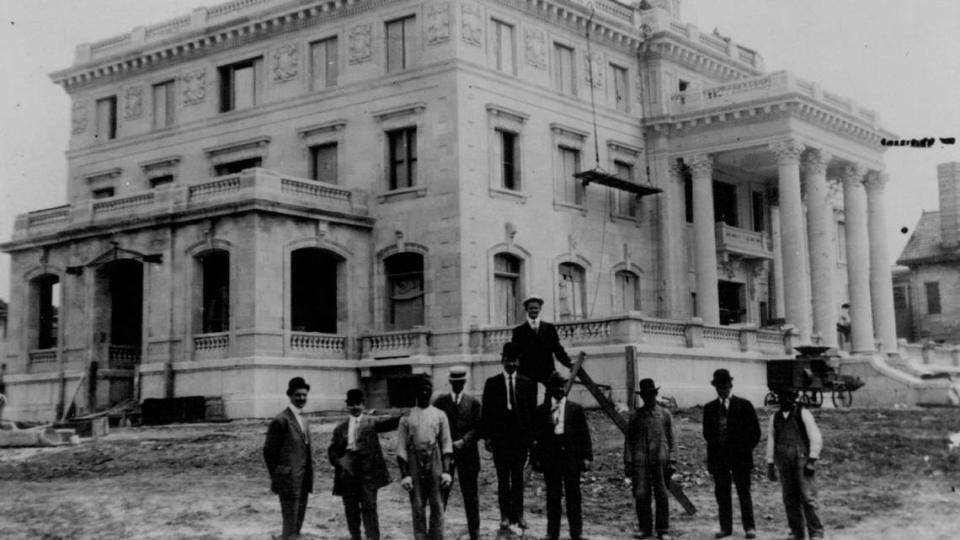 Corinthian Hall under construction in about 1910. This photo was on a postcard sent by a friend to R.A. Long and his family, who were vacationing in Europe while their mansion was being built.