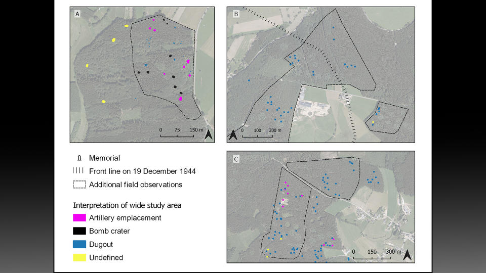 Map of study area of the Herresbach (A); Prümerberg (B); and Schlierbach areas of the Battle of the Bulge site