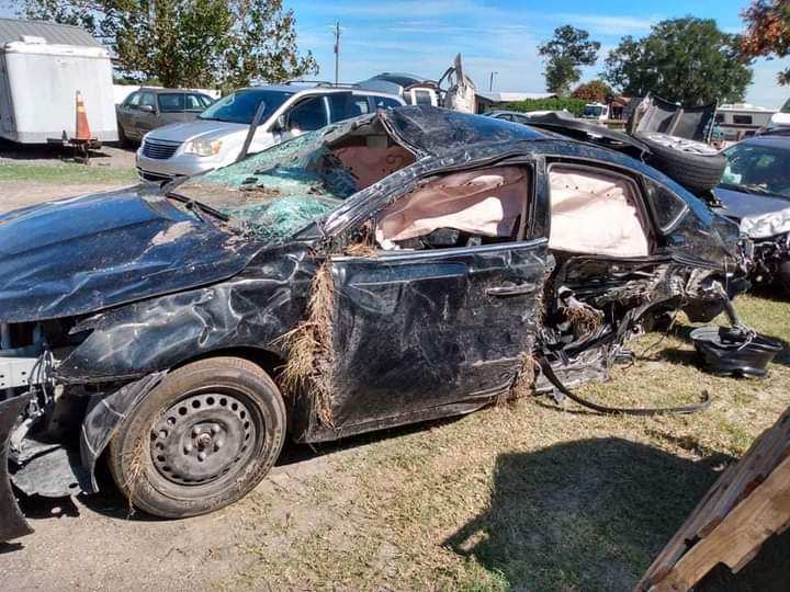 The Nissan Sentra after the wreck that nearly killed Deisy Carranco, her husband and six children when a drunk driver swerved into their path.