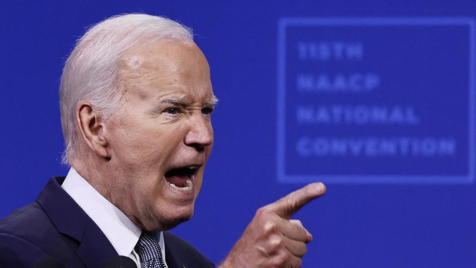 PHOTO: President Joe Biden speaks at the 115th NAACP National Convention at the Mandalay Bay Convention Center, on July 16, 2024, in Las Vegas. (Mario Tama/Getty Images)