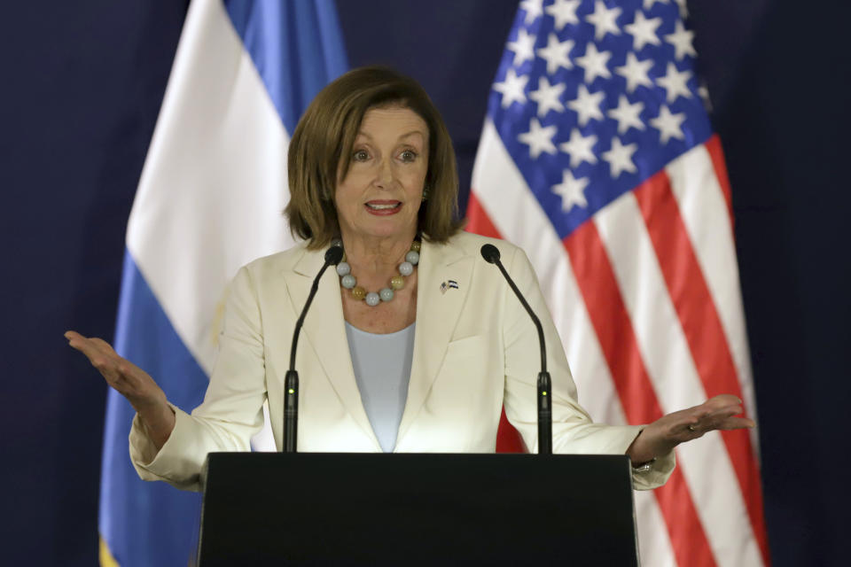 U.S. House Speaker Nancy Pelosi speaks during a meeting accompanied by El Salvador's president, in San Salvador, El Salvador, Friday, Aug. 9, 2019. Pelosi is part of a U.S. congressional delegation on a Central American trip that seeks to explore the the causes of immigration and solutions. (AP Photo/Salvador Melendez)