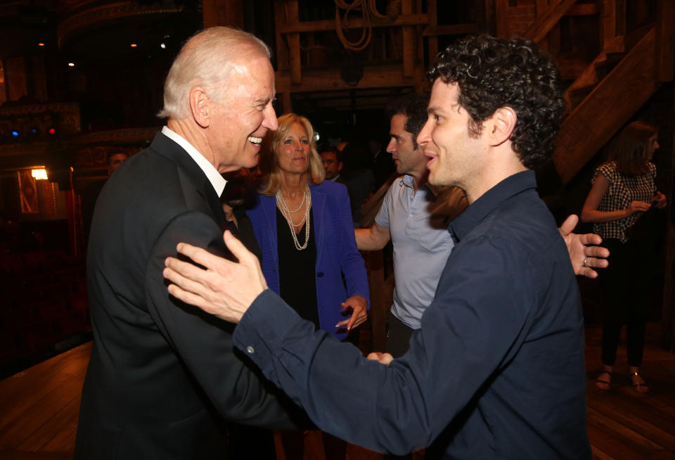NEW YORK, NY - JULY 27:  (L-R) Vice President of the United States Joe Biden, Jill Biden, Chroeographer Andy Blankenbuehlerand Director Thomas Kail chat backstage at the hit new musical 'Hamilton' on Broadway at The Richard Rogers Theater on July 27, 2015 in New York City.  (Photo by Bruce Glikas/FilmMagic)