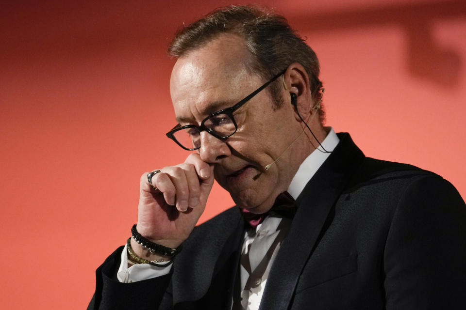 Actor Kevin Spacey pauses as he talks during a masterclass at the National Museum of Cinema in Turin, Italy, Monday, Jan. 16, 2023. Kevin Spacey was in the northern Italian city of Turin on Monday to receive a lifetime achievement award, teach a master class and introduce a screening of the 1999 film "American Beauty." (AP Photo/Luca Bruno)