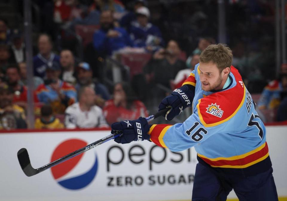 Florida Panthers Aleksander Barkov (16) takes a shot during the accuracy competition during the NHL All-Star Skills Competition on Friday, Feb. 3, 2023, at FLA Live Arena in Sunrise.