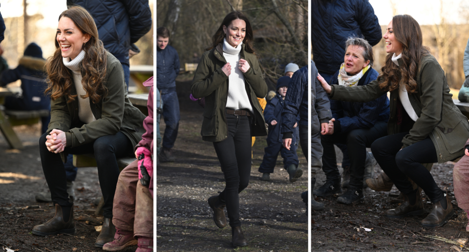 kate middleton sitting in dark green jacket, white turtleneck, jeans and dark blundstone boots outside with children 