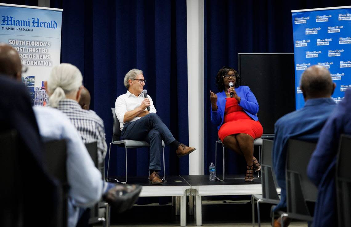 Jacqueline Charles, Haiti and Caribbean correspondent for the Miami Herald, right, speaks to the community during an interview with Jay Weaver, Miami Herald editor, left, about Haiti’s past and future during An Evening with Jacqueline Charles on May 30, 2024, at African Heritage Cultural Arts in Miami.