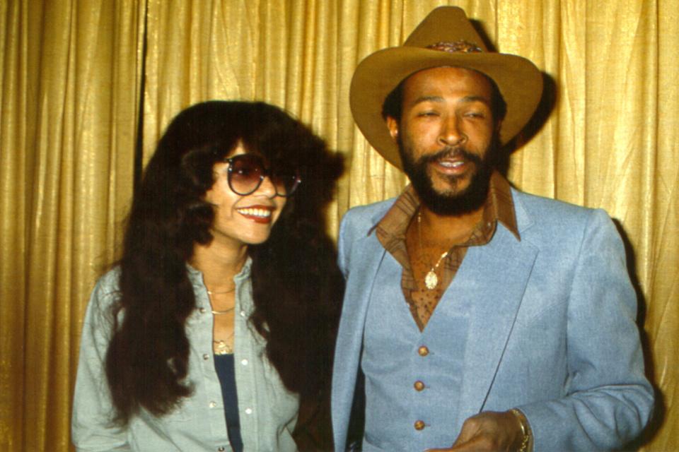 R&B singer Marvin Gaye poses for a portrait at an event with his wife Janice Gaye on October 31, Halloween, 1977 in Los Angeles, California.