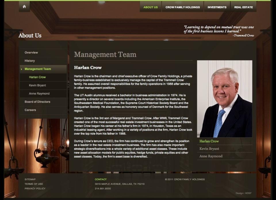 Crow Holdings LLC, which manages the wealth of the late real estate developer Trammel Crow, its director Harlan Crow and his brother Trammel S. Crow have contributed $3.16 million to super PACs.  Harlan Crow, Trammel S. Crow and the company combined to give $1.5 million to American Crossroads, $1.3 million to Restore Our Future (supporting Romney), $250,000 to FreedomWorks for America, $50,000 to Texas Conservatives Fund (supporting David Dewhurst), $35,000 to Campaign for Primary Accountability, $25,000 to American Unity PAC and $10,000 to Jan PAC.