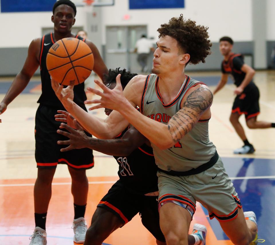 College of Sequoia's Jaden Haire chases down a loose ball against Reedley College during their Central Valley Conference junior college menÕs basketball game on Wednesday, Jan. 31, 2024.