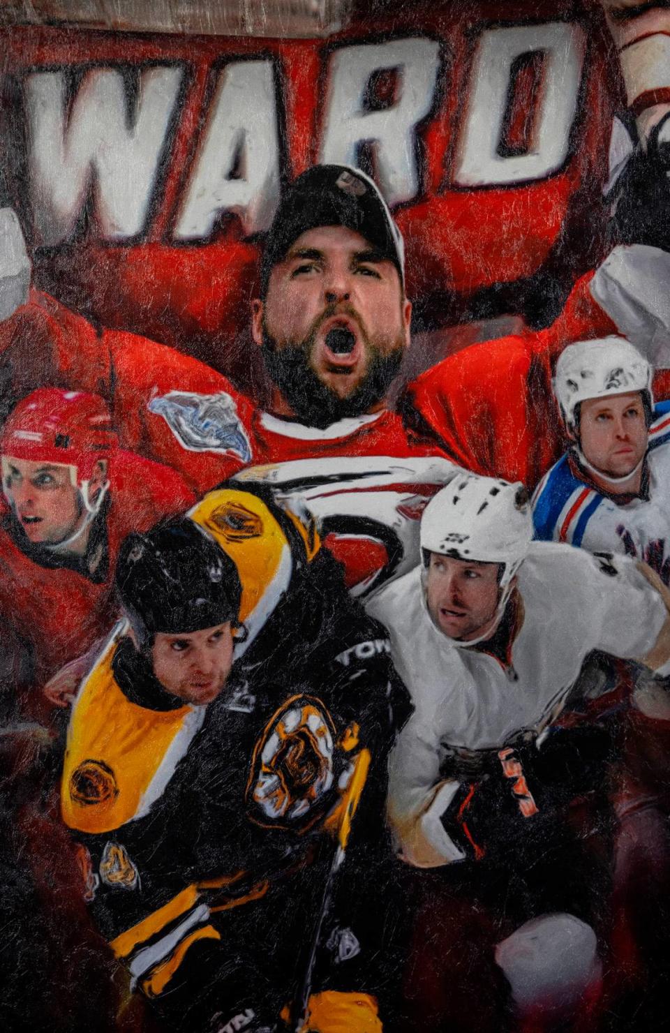 An oil painting of Aaron Ward featuring the NHL teams he played for, hangs in his Apex home on Friday, May 10, 2024. Ward is a three-time Stanley Cup Champion and member of the 2006 Carolina Hurricanes Championship team.