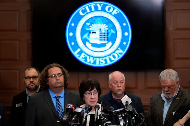 Sen. Susan Collins (R-Maine) speaks with members of the media in the aftermath of Wednesday's mass shootings in Lewiston, Maine.